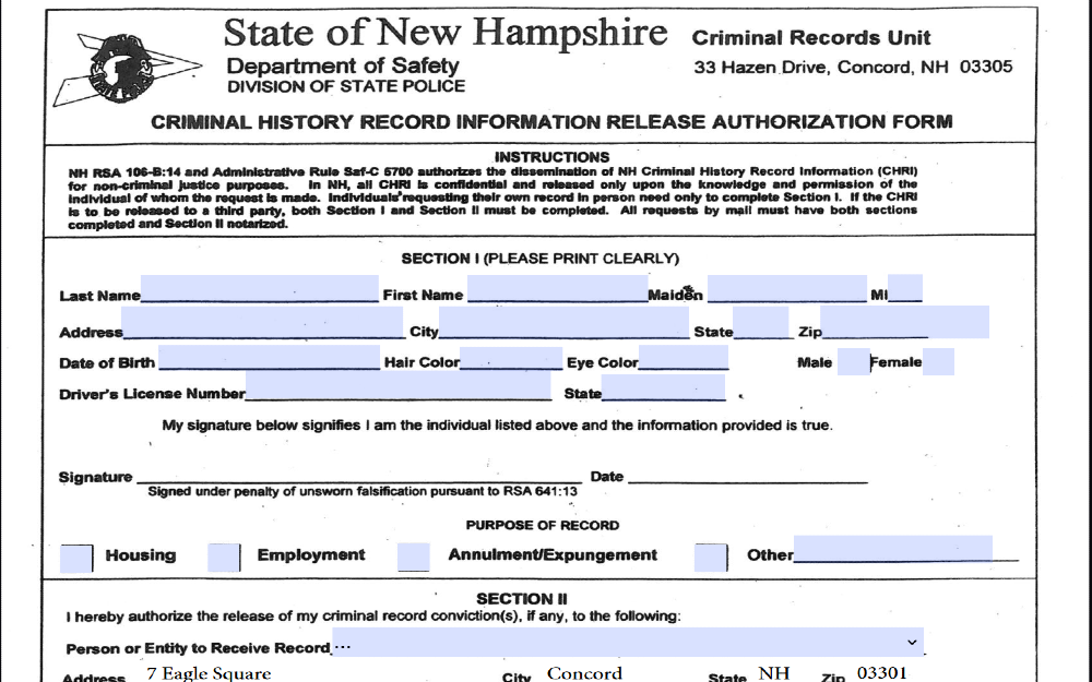 Screenshot of New Hampshire Criminal history record information release authorization form.