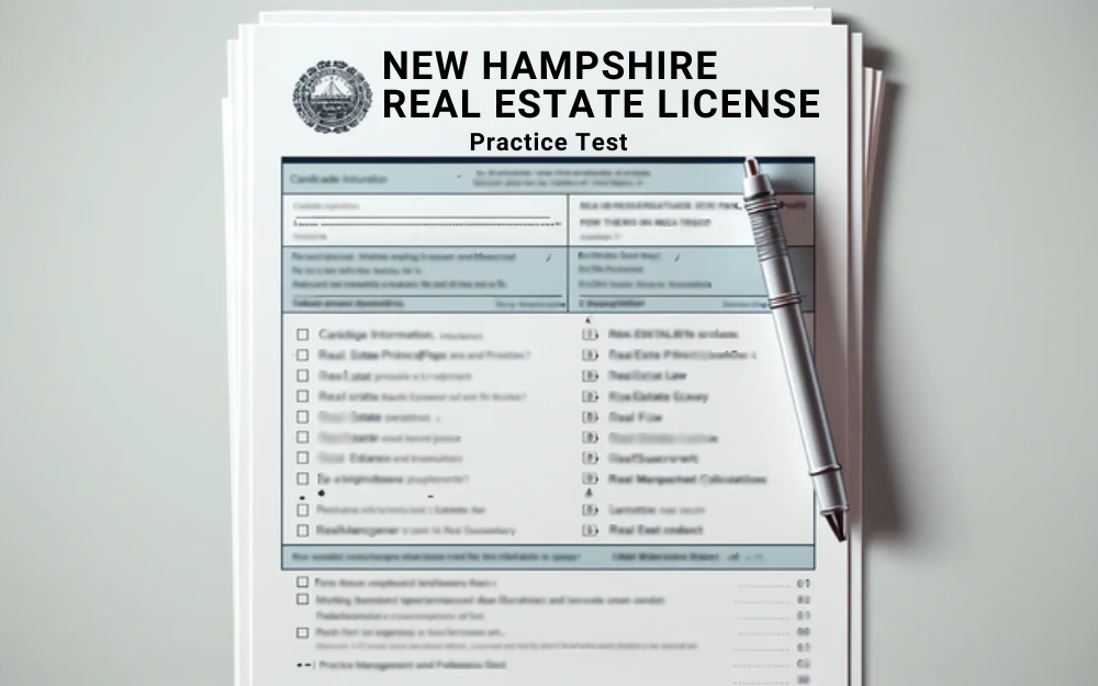 A New Hampshire real estate license practice test on a desk with a pen on top.